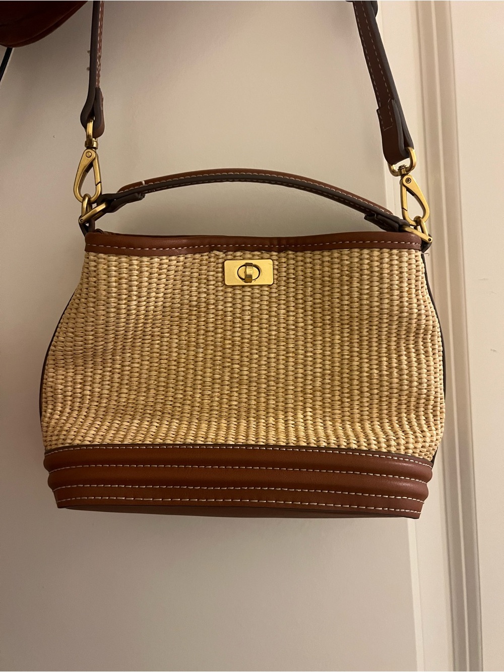 Mango Woven Straw and Brown Leather Crossbody Tote - Women Bags